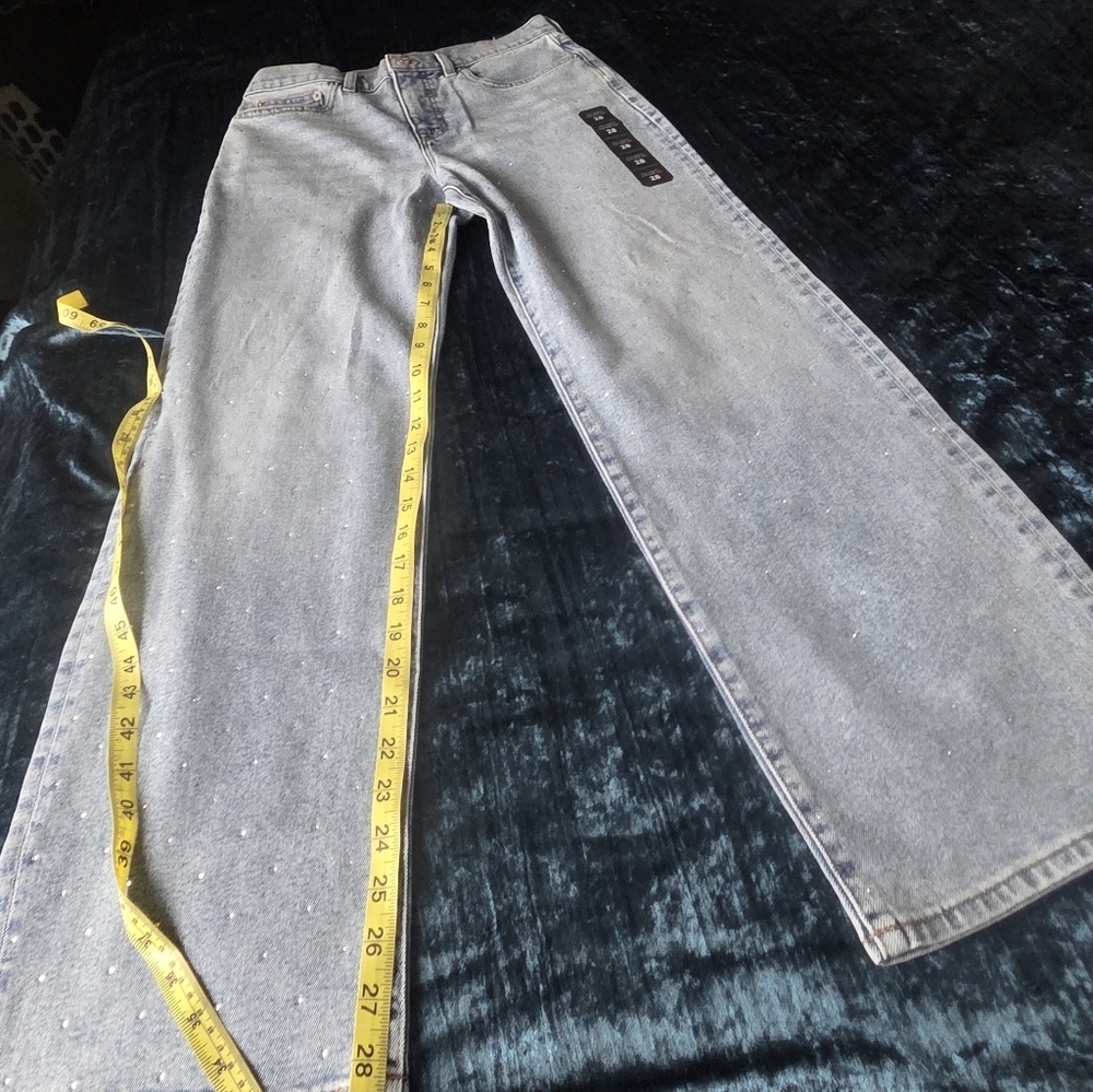Women’s Rhinestone Wide Leg Jeans Slim Fit Embellished High Waist Denim Y2K S:28 - Picture 7 of 7